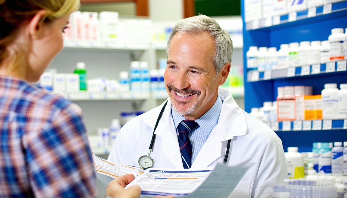 Pharmacist assisting customer with Medicare Prescription Drug Plan