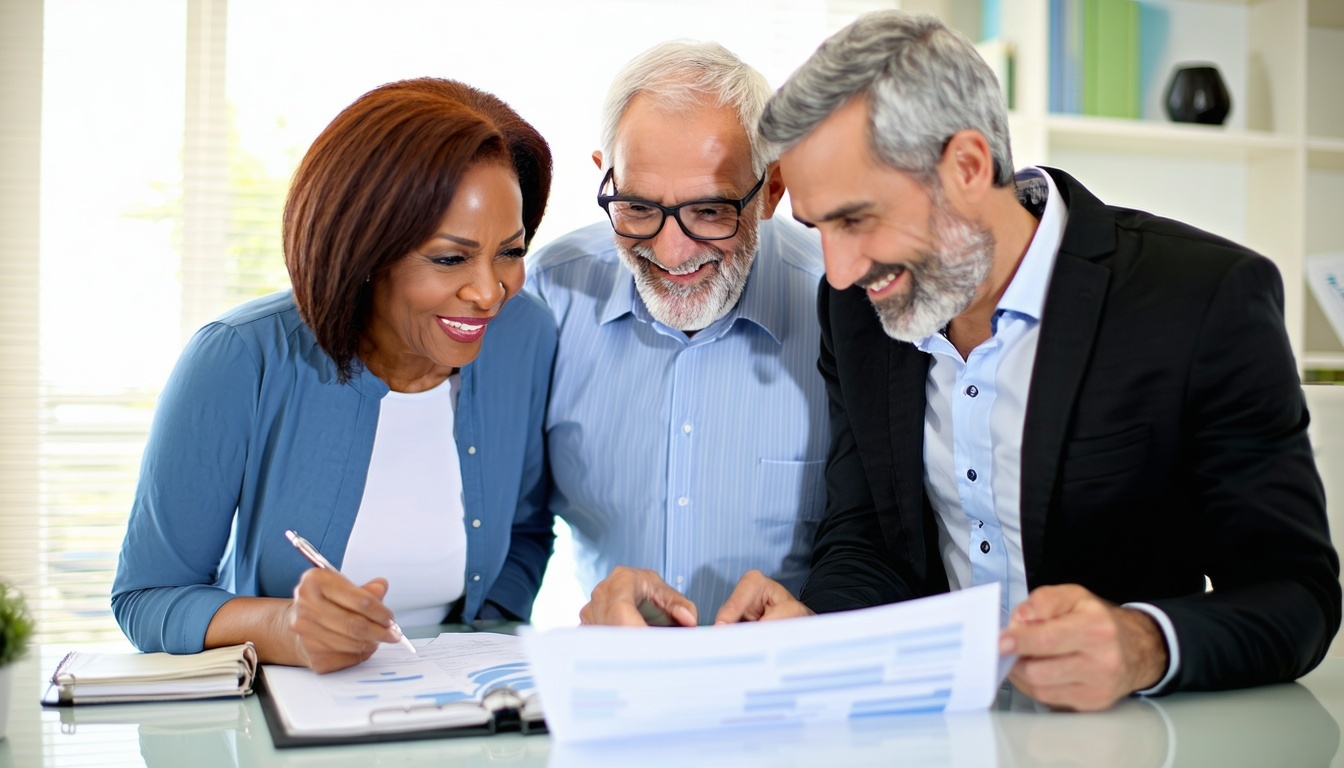 Senior couple reviewing Medicare Advantage Plan details with advisor